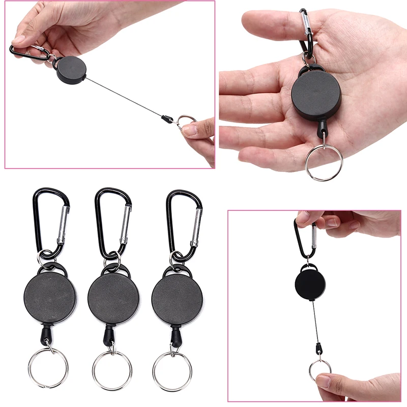 Black Wire Rope Keychain Badge Reel Retractable Recoil Anti Lost Ski
