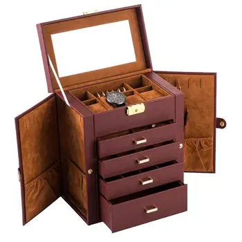 

High Quality Faux Leather Makeup Lipstick Case Jewelry Box Organizer Mirror Brown Necklace Ring Storage Case Multi-Function