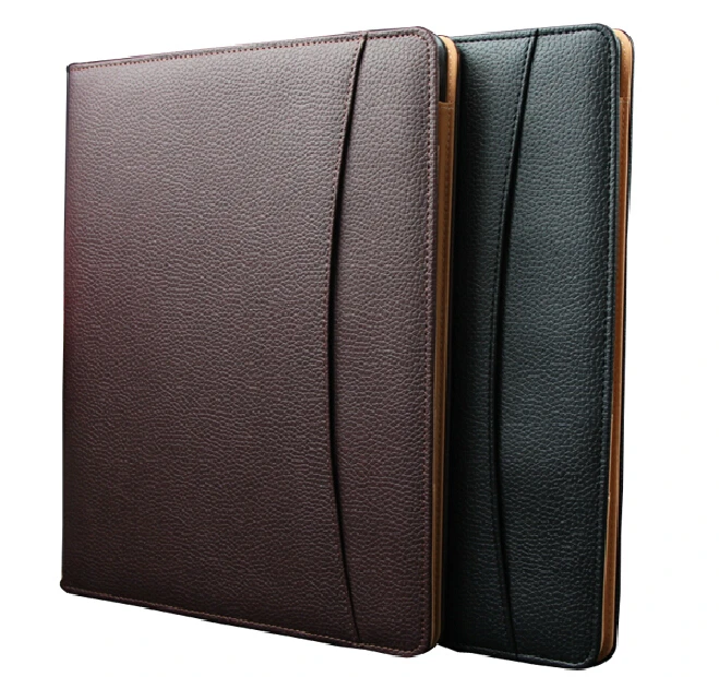 

black multifunctional PU leather notepad a4 clip file notepad holder cover for document business travel documents case
