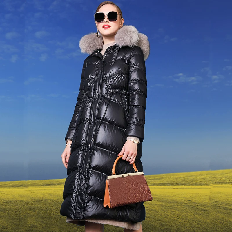 Большой натуральный Лисий Мех зимнее женское пуховое пальто с капюшоном толстые теплые парки зимняя женская длинная куртка двойной лисий мех пуховая парка