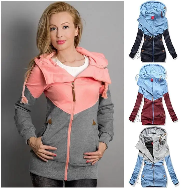 

2019 Women Hoodies Autumn Fashion Color Block Hooded Sweatshirts Winter Hoody Long Sleeve Zipper Female Hoodies Outerwear