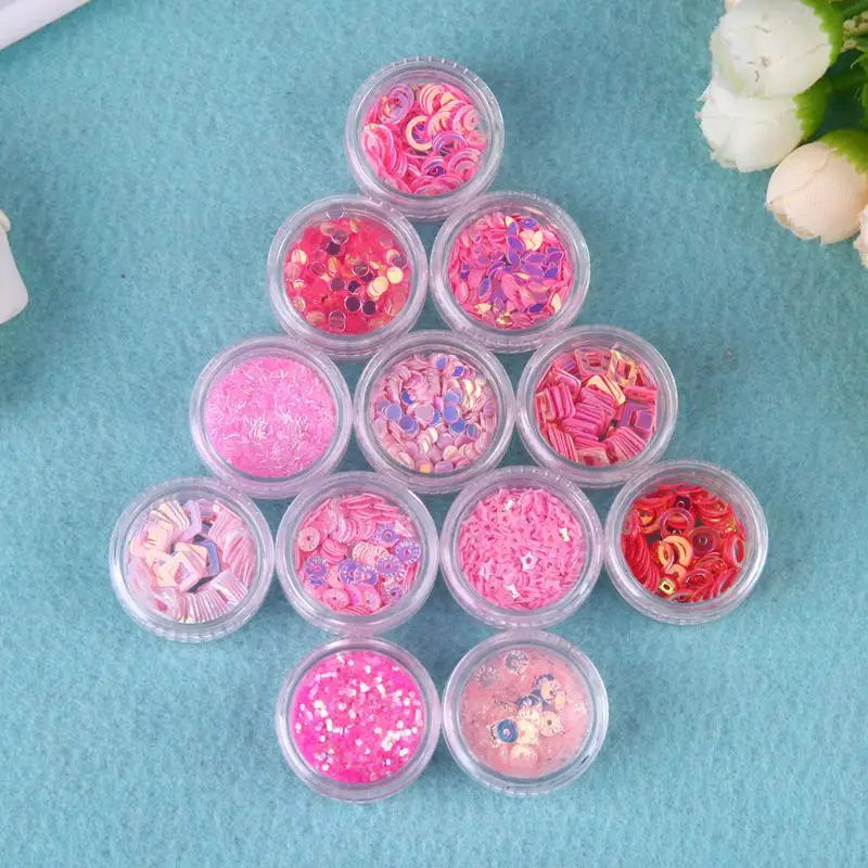 

12pcs Pink Nail Art Glitter Different Shapes Confetti Sequins Acrylic Tips Sale Shiny Ultrathin Sequin for DIY Manicure Nail