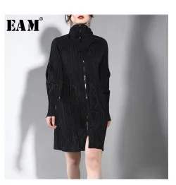 [EAM] Новинка, осенне-зимняя черная Свободная куртка со стоячим воротником и длинным рукавом, модное женское пальто JF73