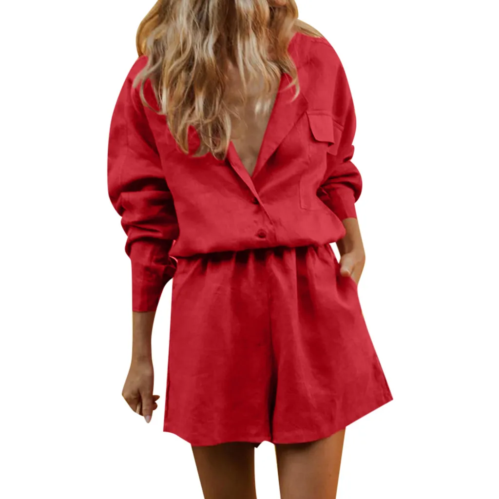 Женский комплект 2 шт., сексуальный топ с длинными рукавами+ шорты с v-образным вырезом, летние хлопковые шорты на пуговицах, костюм, летняя одежда для женщин#614 - Цвет: Красный