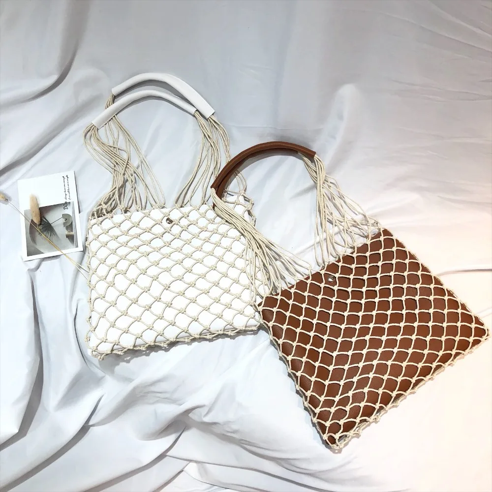 

Designer Casual Hollow Net Flap Bag Pu Leather Hollow Women Shoulder Bag Hemp Rope Woven Handbag Bohemian Beach Bag Lady Handbag