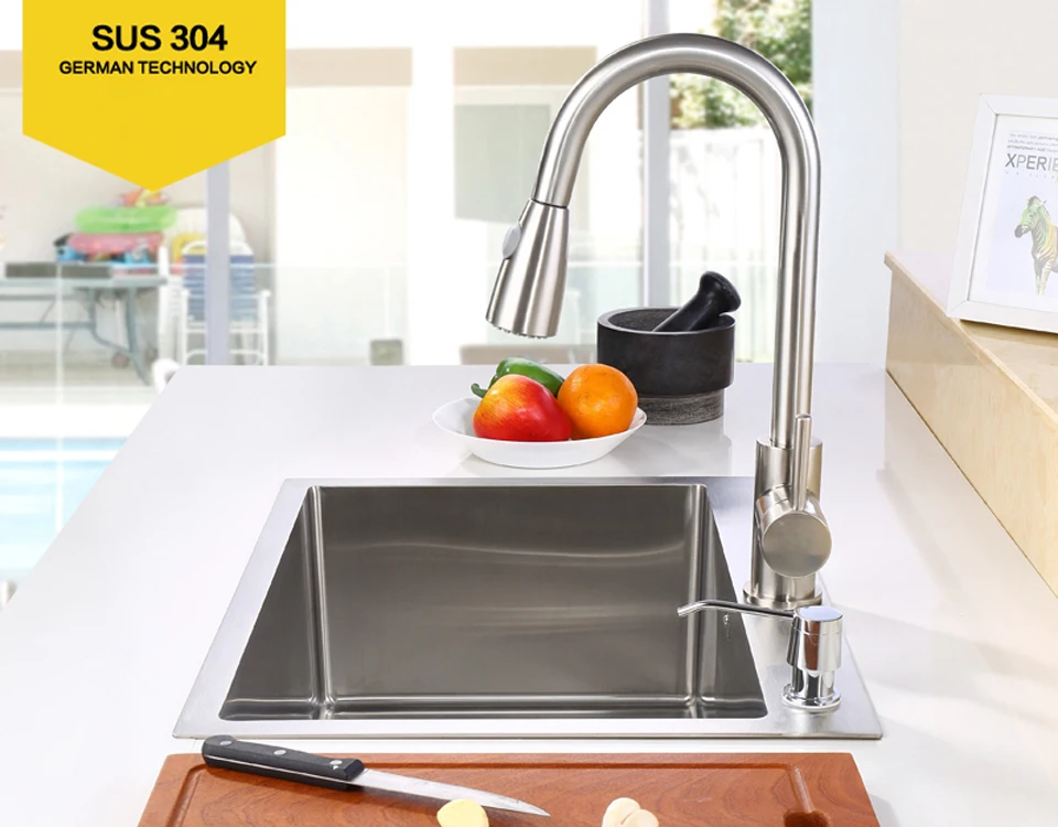 C&C Kitchen Sink Vessel Set With Faucet Single Sink Kitchen Washing Vanity SUS304 Stainless Steel