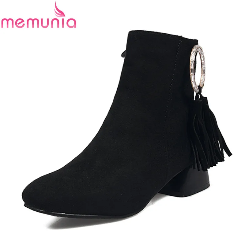 

MEMUNIA 2018 new arrival ankle boots flock with fringe round toe women boots zip 4cm thick heels boots large size 33-43
