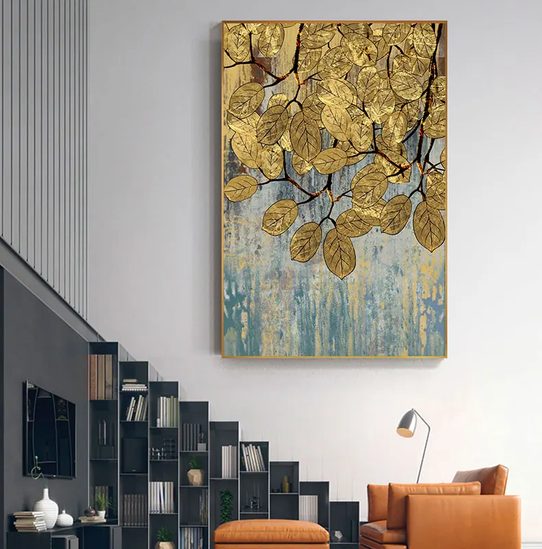 Абстрактная картина в виде золотых листьев, большой плакат, принт, серая настенная живопись для гостиной, входа, прохода, золотой Куадрос, салон, Триптих
