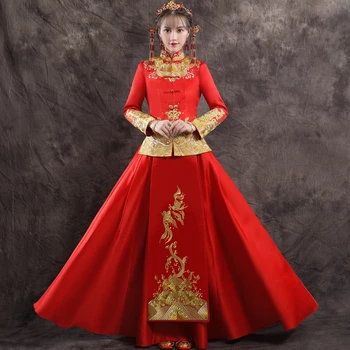 

Vintage Button Female Classic Cheongsam Chinese Style Bride Wedding Dress Embroidery Fish Mandarin Collar Tang Clothing Qipao