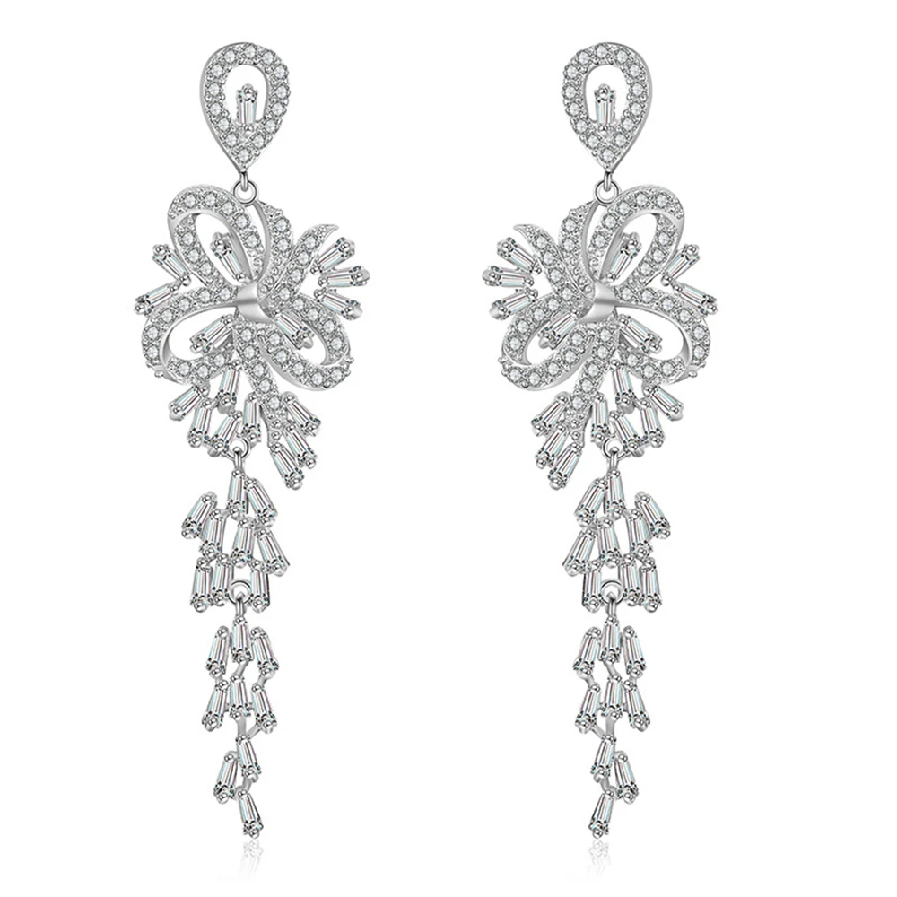 

Marquise Cut Cluster Flower Zirconia Crystal Long Dangle Drop Earrings Shiny Leaf Bridal Wedding Jewelry for Women ZS2108