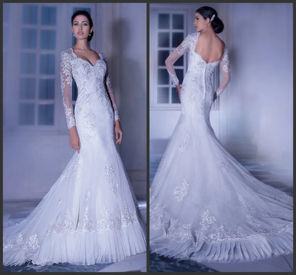 2015 Stunning Amanda Novias White Lace Full Sleeves Wedding Dresses High Quality Vestidos De