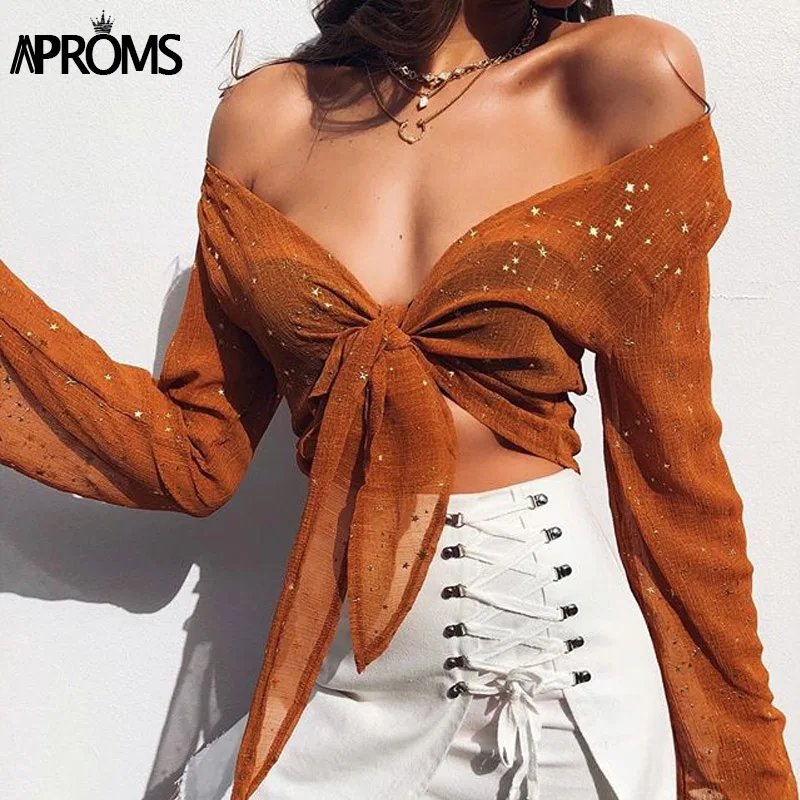 Baratos Aproms Gold Star Wrap Bow Tie blusa mujer verano cuello en V manga larga Sheer camisas Lady Streetwear Cool Girls relajado Camiseta corta