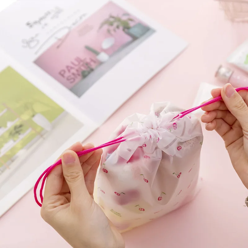 XZP Travel Transparent Scrub Cherry Cosmetic Bag Makeup Case Women String Make Up Bath Organizer Storage Pouch Toiletry Wash Kit