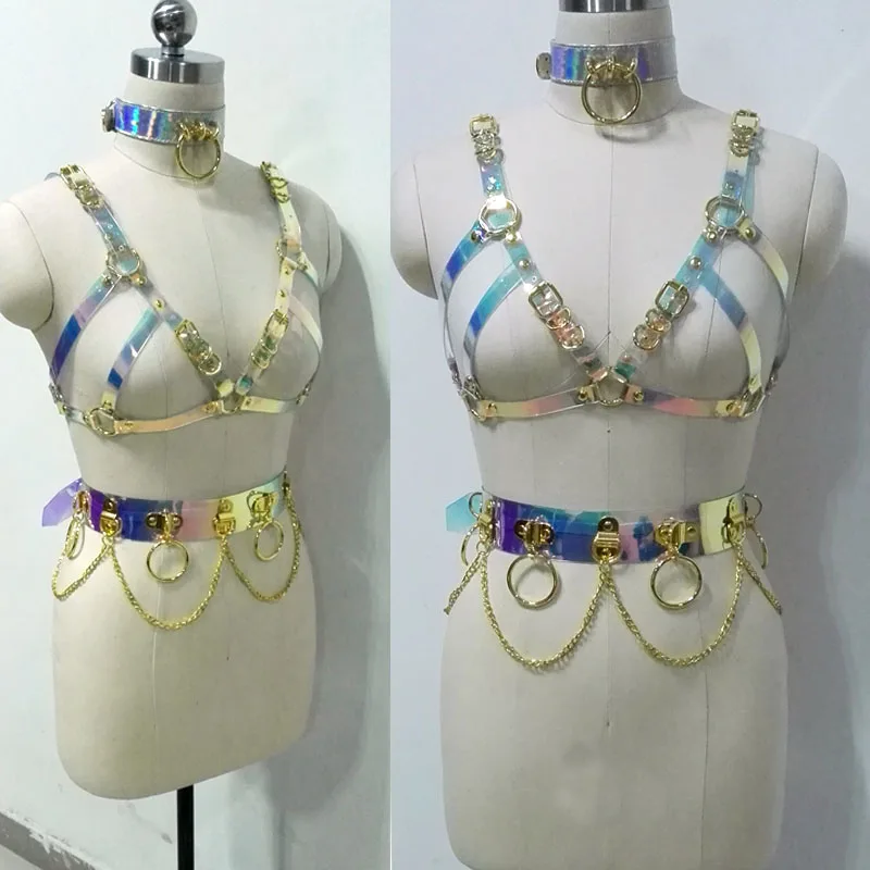 

100% Handcrafted Holographic Choker Bra Belt Gold Chest Top Body Chain Link Waist Belts Hologram Iridescent