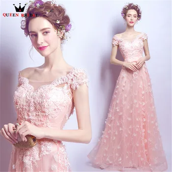 

QUEEN BRIDAL Evening Dresses A-line Pink Tulle Flowers Elegant Long Party Prom Dress Evening Gowns 2020 Vestido De Festa JW56