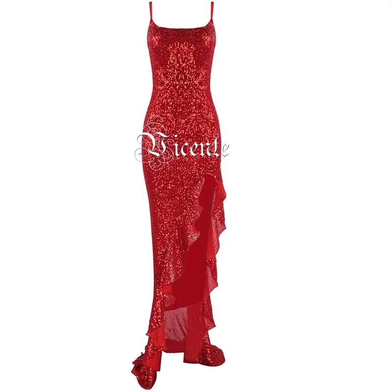 VC Горячее предложение Новое шикарное асимметричное платье с красными блестками Дизайн Сексуальные Спагетти ремень знаменитостей Вечерние Длинное Платье