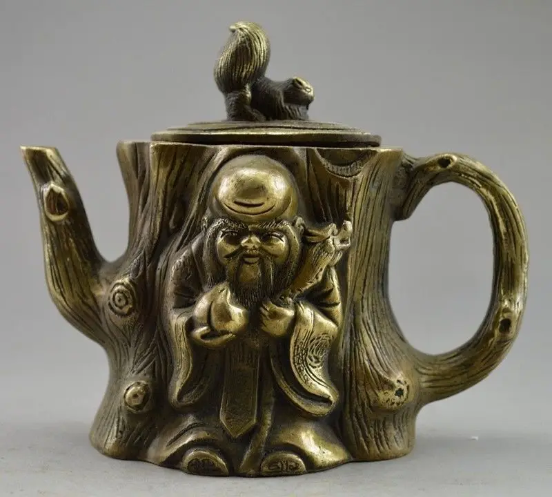 

Collectible Decorated Old Handwork Copper Carved Squirrel Immortal Tree Tea Pot