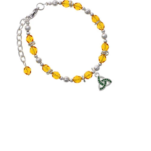 Silvertone Small 2-D Green Trinity Knot Yellow Beaded Bracelet