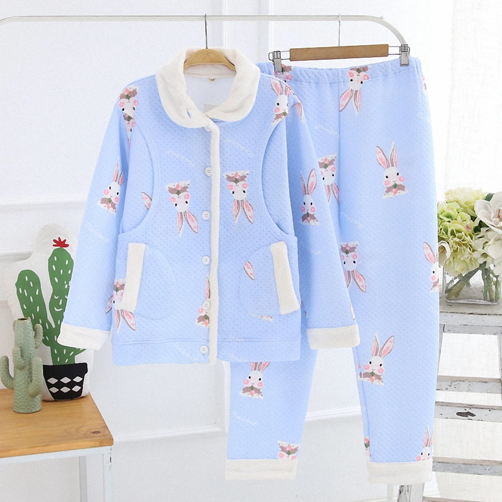 Для беременных теплые зимние кормящих одежда для беременных Для женщин с открытыми боками толстый хлопок пижама для кормящих пижамы 2 шт. комплект для мамы