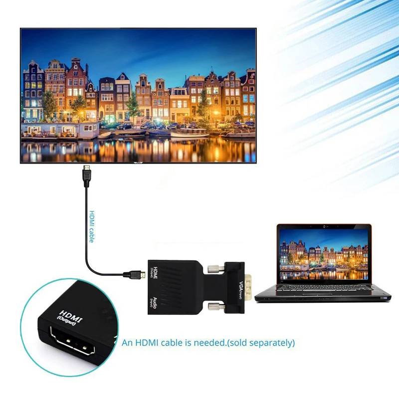 Male VGA to Female HDMI Video Converter Adapter Up to Full HD 1080P with 3.5mm L / R Audio Input for PC TV Projector
