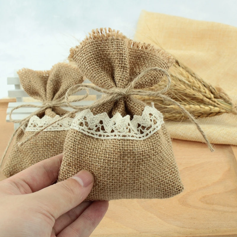20 шт./лот 10*14 см Hessian Мешковина с кружевом джутовые подарочные сумки Свадебная