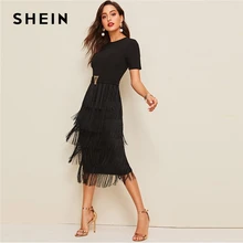 SHEIN элегантное черное платье-карандаш с металлической пуговицей, с многослойной бахромой, Женские однотонные летние тонкие длинные платья с высокой талией и коротким рукавом