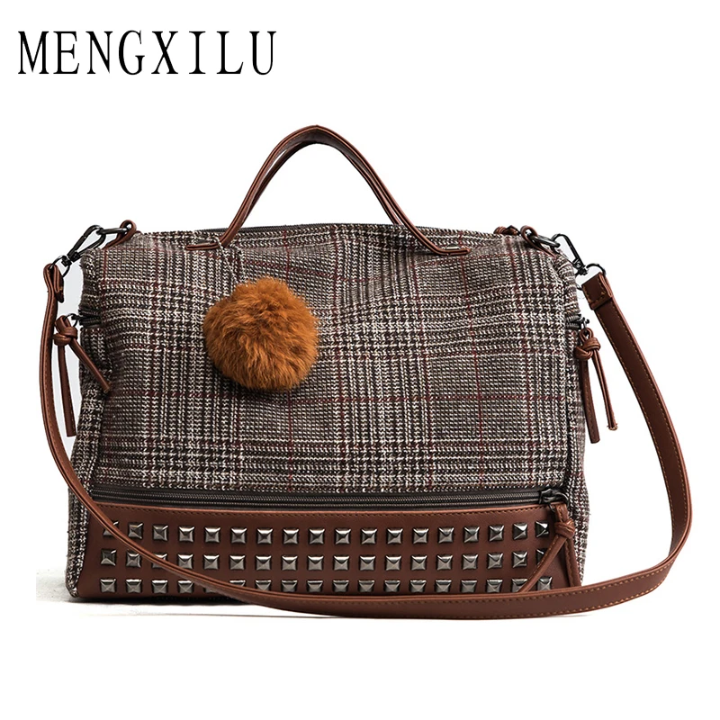 

MENGXILU Vintag Wool Women Bag Fashion Rivet Messenger Bag Tote Bags Women Large Capacity Shoulder Bag Bolsas Feminina 2018 Sac