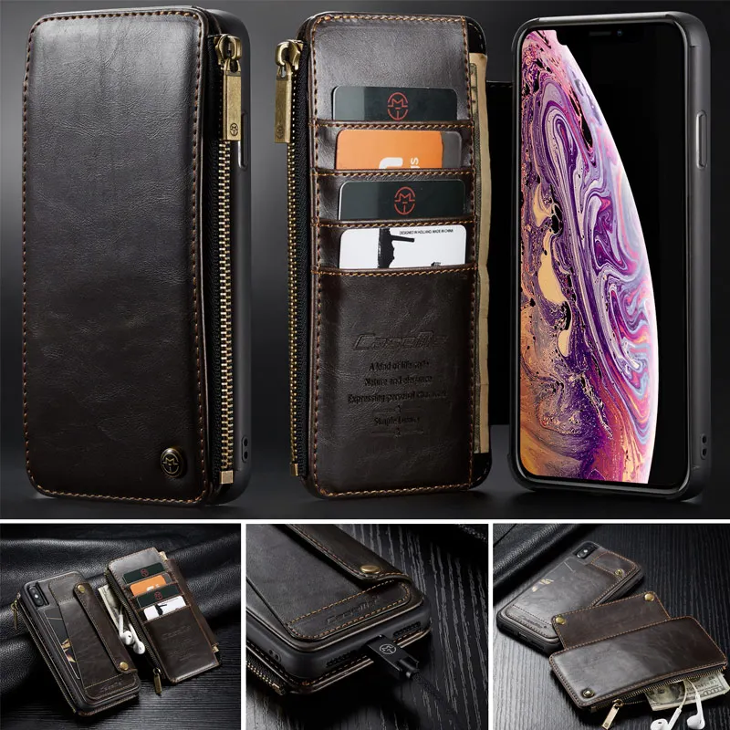 

Zipper Wallet Case For iPhone Xs Max XR Zipper Pocket Credit Card Slots Back For iPhone Xs X 7 6 8 Plus Detachable Leather Case