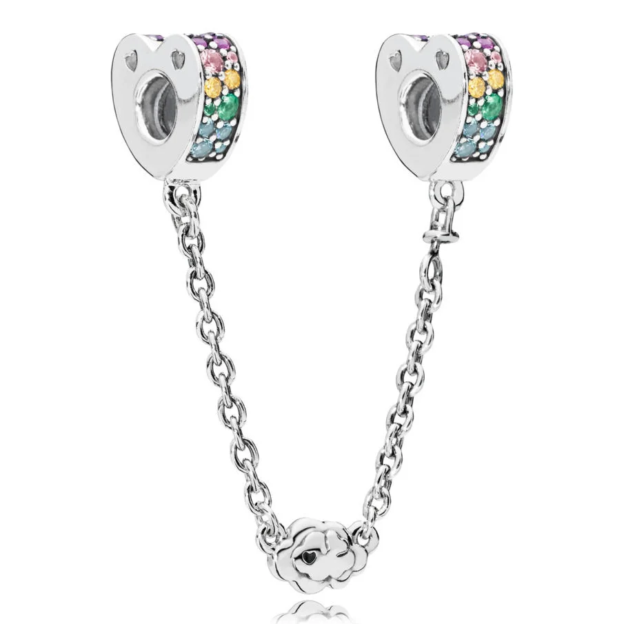 

New 925 Sterling Silver Bead Charm Multi-colour Arcs Of Love With Crystal Safety Chain Bead Fit Pandora Bracelet Diy Jewelry