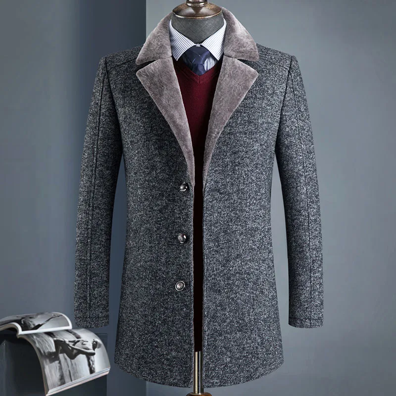 

2019 new winter men's solid color wool woolen coat high quality lapel business casual wild warm woolen coat