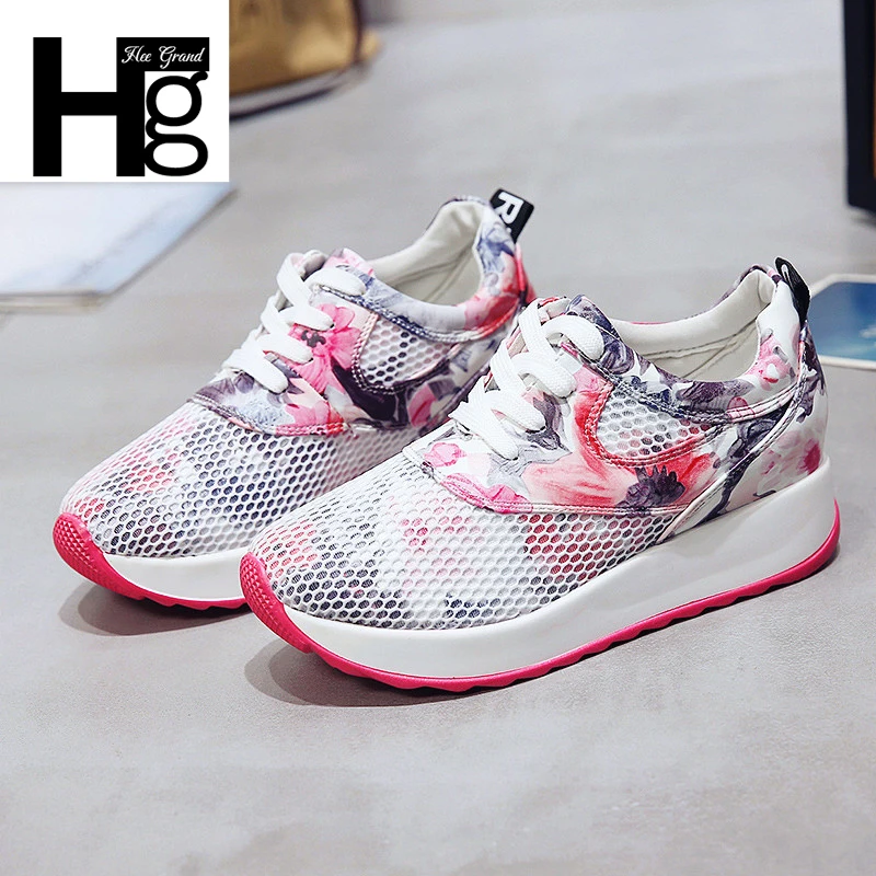 

HEE GRAND Air Mesh Women Flower Flat Shoes Platform Casual Shoes Lace up Autumn 2 Color Girls Shoes Woman Sneakers XWX6821