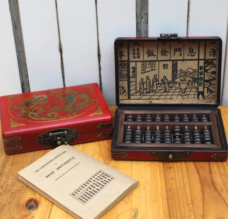 China old antique wood leather box Dragon Abacus Calculator 11 axle Instructions 