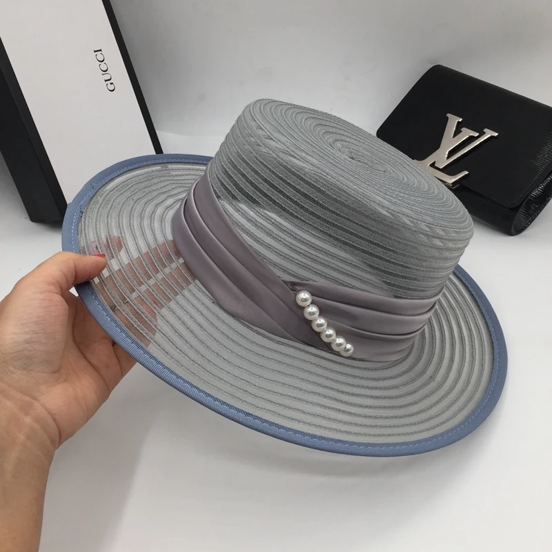 

Japanese Sunscreen Cap Female Net Red Fashion Pearl Eugene Yarn Flat Top Cap Wide Corner Holiday Sunshade Straw Cap French Hepbu
