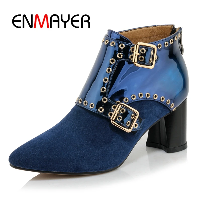 

ENMAYER Pointed Toe Square Heel Genuine Leather Cow Suede Shoes Woman Boots Women Botas Mujer Size 34-39 ZYL1848