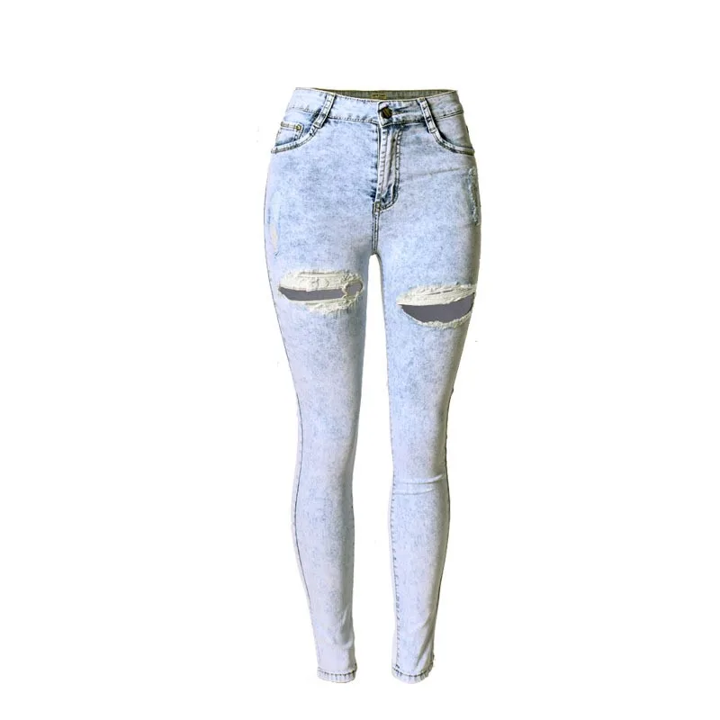 Высокая Талия Джинсы для женщин модные узкие брюки-карандаш тонкий деним эластичный Полный Длина небесно-белый Рваные джинсы для Для женщин Femme