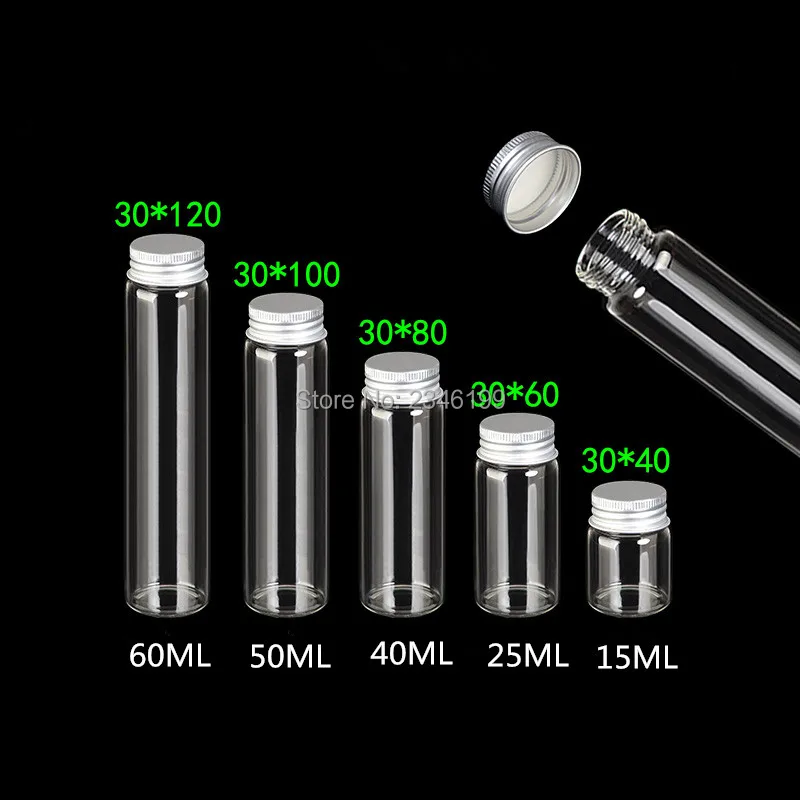 

50pcs D30mm Clear Glass Bottle Test Tube With Aluminum Lid DIY Gift Tools Liquid Container Lab Supply Portable Empty Packaging