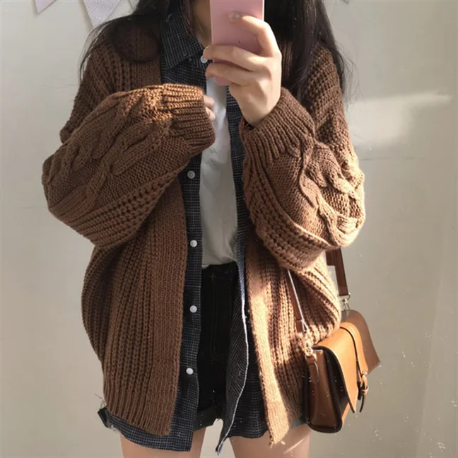 

Mr.nut new knit sweater female long sleeve loose Han Fan solid color lazy style temperament cardigan coat autumn
