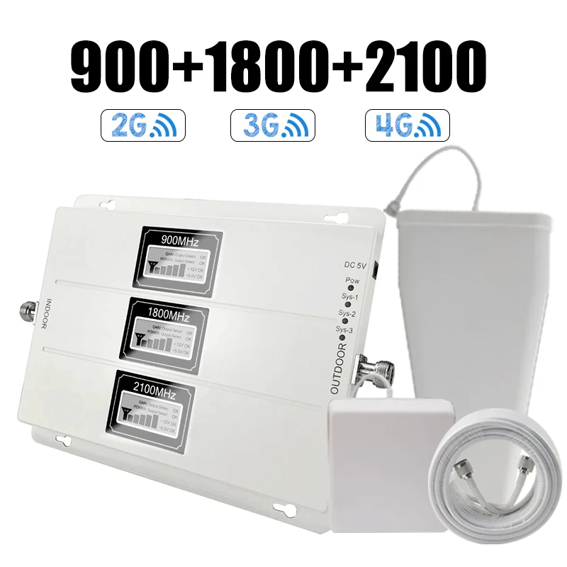 

Walokcon 2G 3G 4G Tri Band Cellular Signal Repeater GSM 900 DCS/LTE 1800 WCDMA/UMTS 2100MHz Amplifier Mobile Signal Booster Set