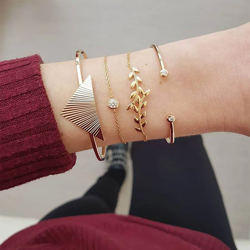 

Fashion Crystal Golden Charm Bracelets Set Woman Hollow Leaves Geometry Chain Adjustable Cuff Bracelet Female Party Jewelry Gift