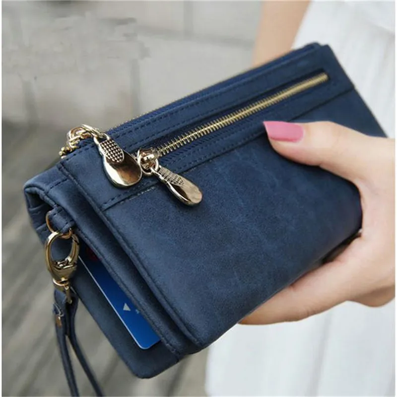 

Multifunction PU Leather Long Card Pack Practical Card Bag Solid Drawstring Nubuck Zipper Long Purse Card Holder Clutch
