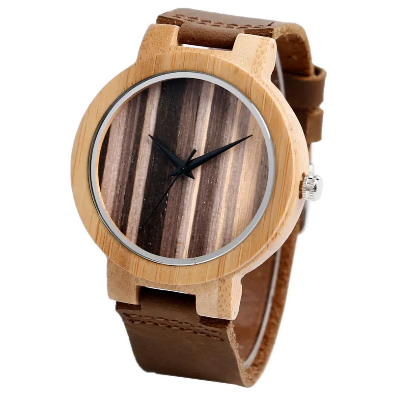 Top Gifts 2017 Natural Wooden Watch Men Women Bamboo Stripe Face Simple Analog Clock Male Genuine Leather Bangle Reloj de madera 2017 (2)