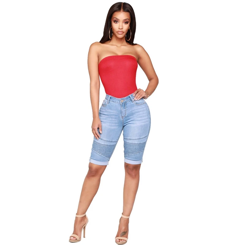 Plus Size Skinny Capris Jeans Women Female Stretch Knee Length Denim Shorts Jeans Pants ladies With High Waist Denim hot pants