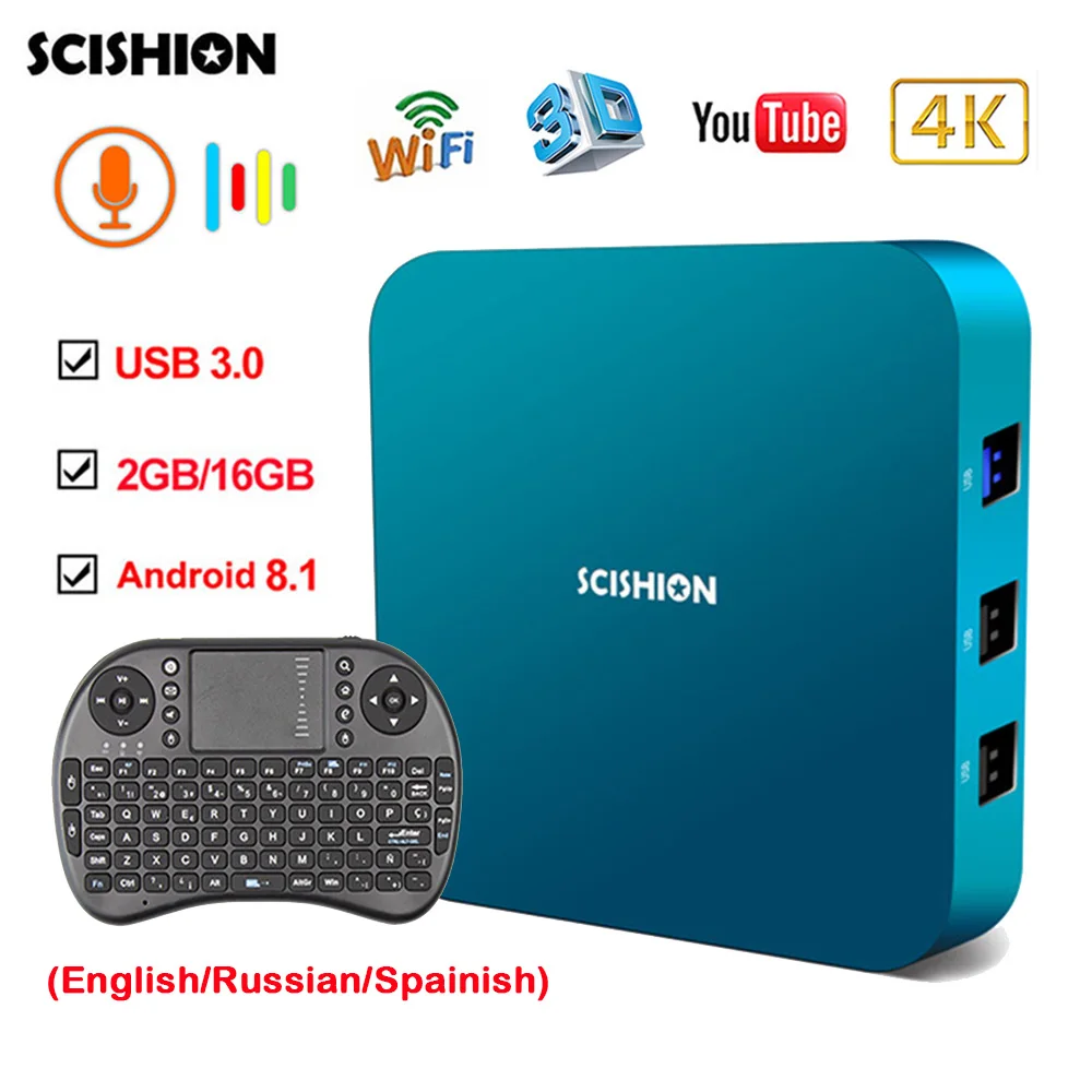 SCISHION Ай одна Android 8,1 ТВ коробка RK3328 2 г 16 г Wi-Fi BT4.0 USB 3,0 4 К Smart ТВ медиаплеер голос Управление клавиатура телеприставки