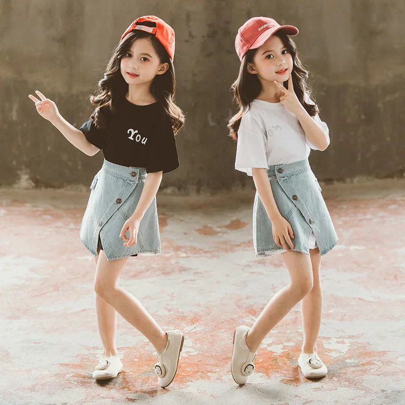 

kids Summer girls clothes sets new casual cotton short sleeve t-shirts+denim skirt 2pcs suits for children girl clothes outfits