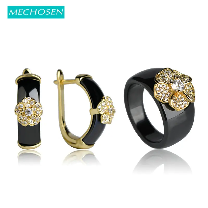 

MECHOSEN Luxury Copper Earrings&rings Jewelry Sets White Ceramic Anneaux Gold Flower Brincos Ensemble de Bijoux Keramik Schmuck