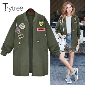

Ttytree Autumn Winter Casual Coat Cotton and Polyester Zippers Women Thicken Epaulet Full sleeves O-neck fasion Cotton Tops Coat