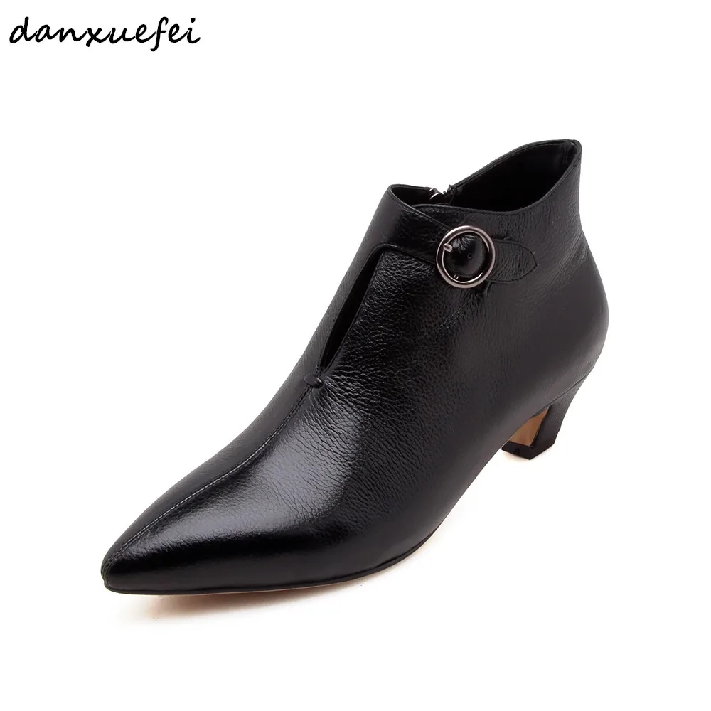 

3 Color size 33-40 women's genuine leather ankle boots kitten heel autumn boots metal buckle fashion short booties women shoes
