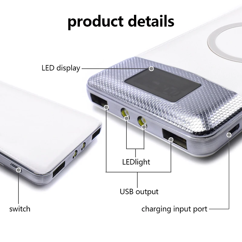 100pcs 10000mAh Wireless Charger Battery Charger Cases External Portable with LED Light Wireless Power Bank Dual USB Power Bank