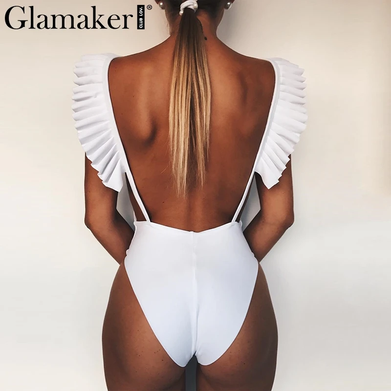 Glamaker Flamingo print one-piece suits ruffle bodysuit Women push up thong short playsuit romper Female sexy beach bodysuit new