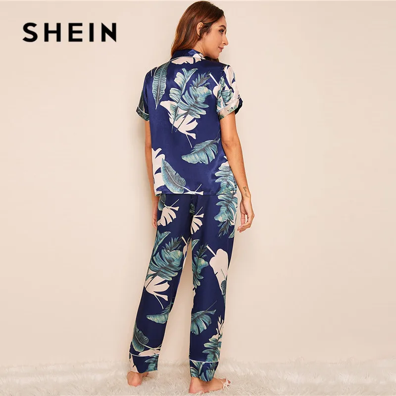 Kopen SHEIN Tropische Print Satijn Pyjama voor Vrouwen Casual Korte Mouw Pocket Nachtkleding Zomer Lange Broek Lingerie Dames Pyjama set